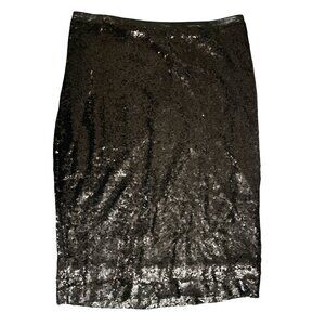Downeast All That Jazz Black Sequin Midi Skirt M Faux Leather Trim Fully Lined